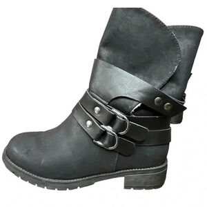 AVENUE WINDSOR BLACK MOTO BUCKLE BOOTS FLEECE LINED HEEL WOMEN'S‎ SIZE 8